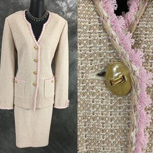 NWT NEW st john collection knit beige pink multi jacket skirt suit size 10